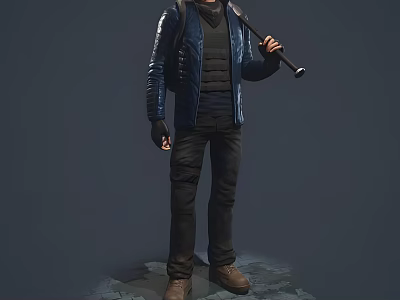 Man in Blue Jacket and Black Vest with Backpack Holding Bat Standing on Cracked Ground 3d model