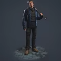 Man in Blue Jacket and Black Vest with Backpack Holding Bat Standing on Cracked Ground