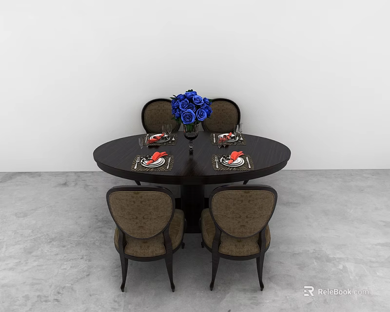 Elegant Round Dining Table Set With Four Chairs Blue Flowers And Tableware 3d model