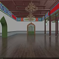 Traditional Chinese Architecture Interior With Wooden Beams Colorful Paintings Red Banner And Green Windows
