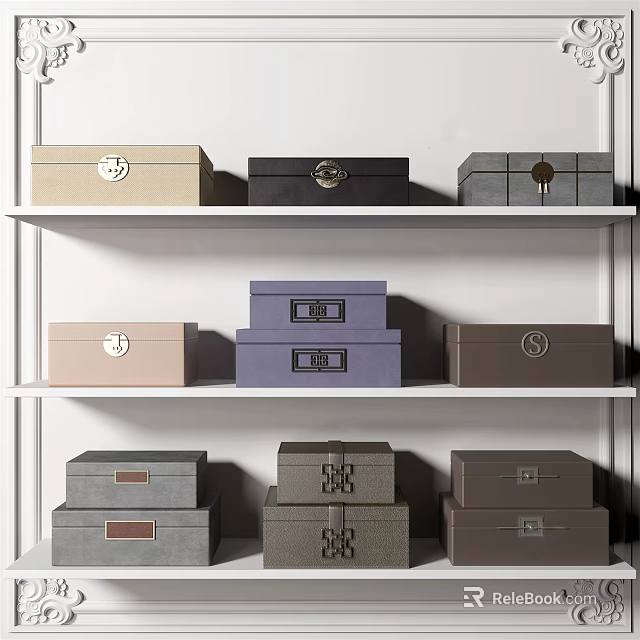 Stylish Storage Boxes in Different Colors and Designs Neatly Arranged on White Shelf 3d model 