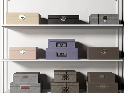 Stylish Storage Boxes in Different Colors and Designs Neatly Arranged on White Shelf 3d model
