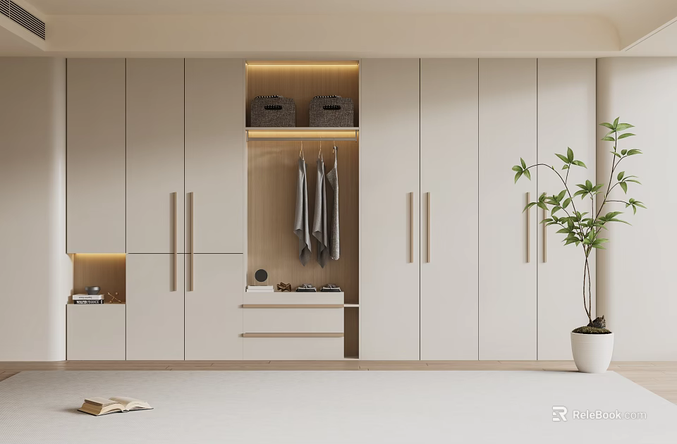 Minimalist Modern White Wardrobe With Open Hanging Area Storage Baskets LED Lighting And Potted Plant 3d model 