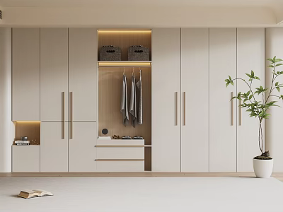 Minimalist Modern White Wardrobe With Open Hanging Area Storage Baskets LED Lighting And Potted Plant 3d model