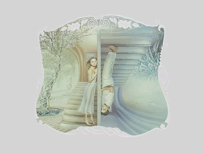 Ornate Photo Frame Featuring Girl and Upside Down Person on Staircase with Tree 3d model