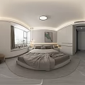 Modern Minimalist Bedroom Interior With Abstract Painting Large Windows White Wardrobes And Pendant Lights