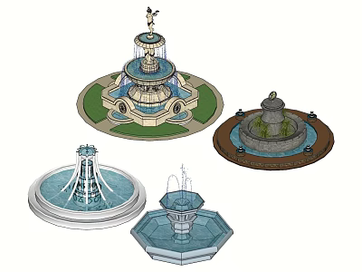 Various Decorative Fountains Featuring Multi Tiered Statues Circular Octagonal Bases And Green Lawn 3d model