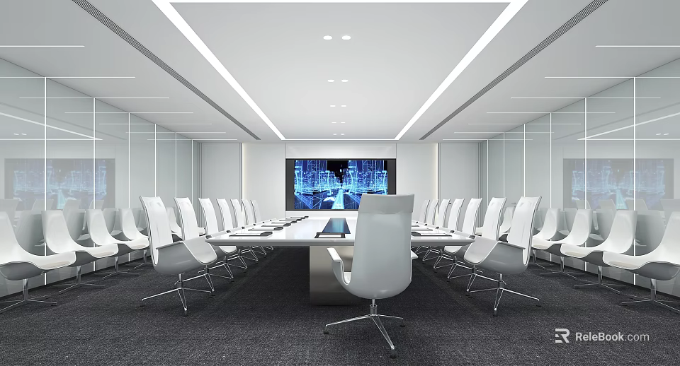 Modern Conference Room Interior Design With Long Table White Chairs Large Screen And Glass Walls 3d model 