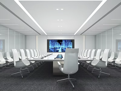 Modern Conference Room Interior Design With Long Table White Chairs Large Screen And Glass Walls 3d model