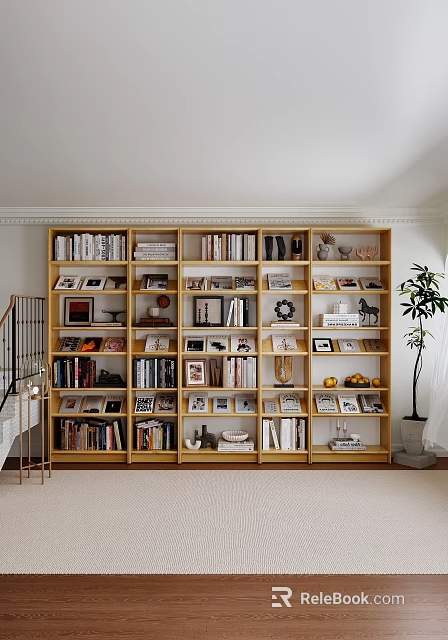 Cozy Study Room Interior With Wooden Bookshelves Filled With Books Photo Frames And Decorative Items 3d model 