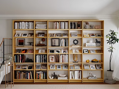 Cozy Study Room Interior With Wooden Bookshelves Filled With Books Photo Frames And Decorative Items 3d model