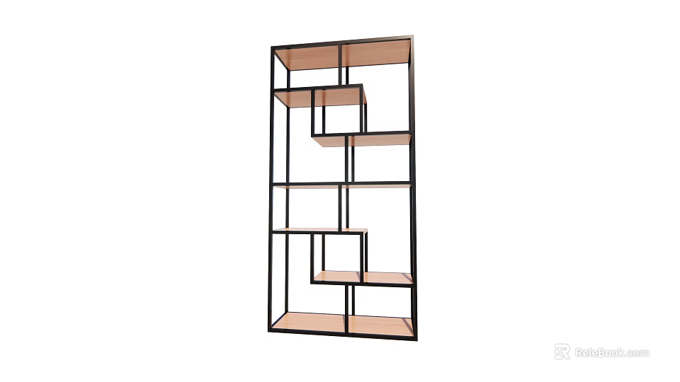 Modern Open Geometric Shelving Unit With Black Frame And Wooden Tiered Compartments 3d model 