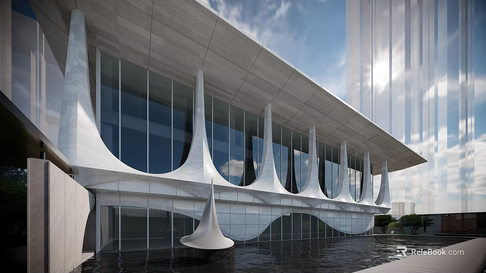 Modern Architectural Design With White Curved Structures Glass Facade And Water Reflection 3d model 
