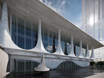 Modern Architectural Design With White Curved Structures Glass Facade And Water Reflection 3d model