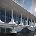 Modern Architectural Design With White Curved Structures Glass Facade And Water Reflection