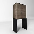 Wooden Storage Cabinet with Black Stand Open Door Revealing Blue Drawer and Interior Shelves