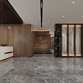 Modern Elevator Hallway With Marble Floor Wooden Walls And Reception Desk