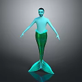 Male Merman Character with Turquoise Body and Green Scales Tail in Standing Pose