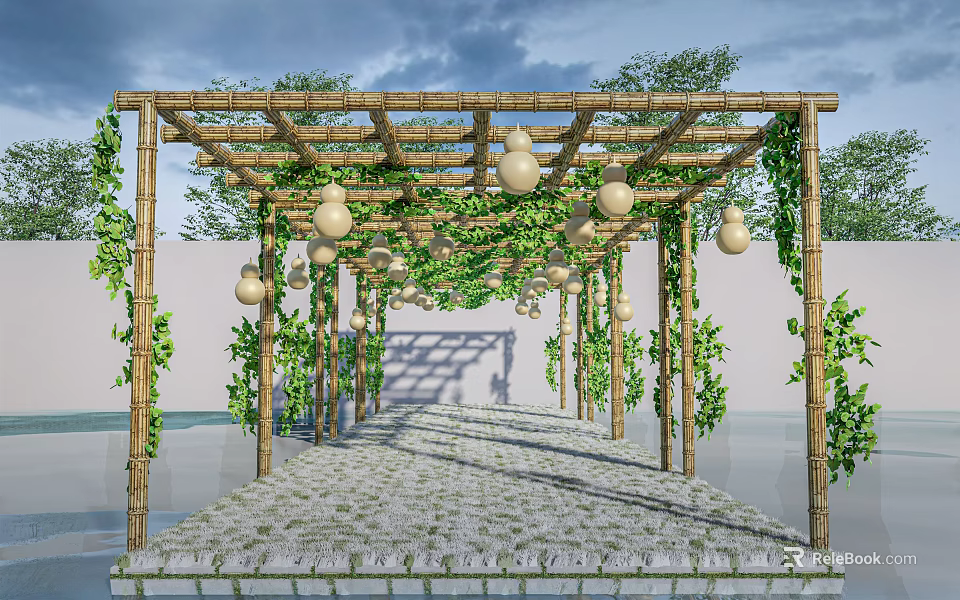 Garden Landscape with Bamboo Pergola Vines Hanging Gourds and Stone Path Under Blue Sky 3d model 