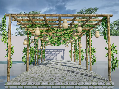 Garden Landscape with Bamboo Pergola Vines Hanging Gourds and Stone Path Under Blue Sky 3d model