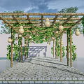 Garden Landscape with Bamboo Pergola Vines Hanging Gourds and Stone Path Under Blue Sky