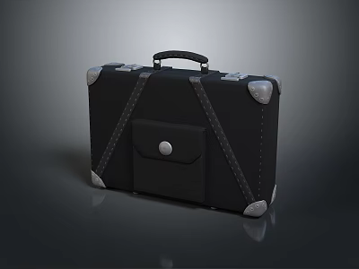 Black Suitcase With Silver Metal Corners Black Straps Small Pocket Metal Buckle And Black Handle 3d model
