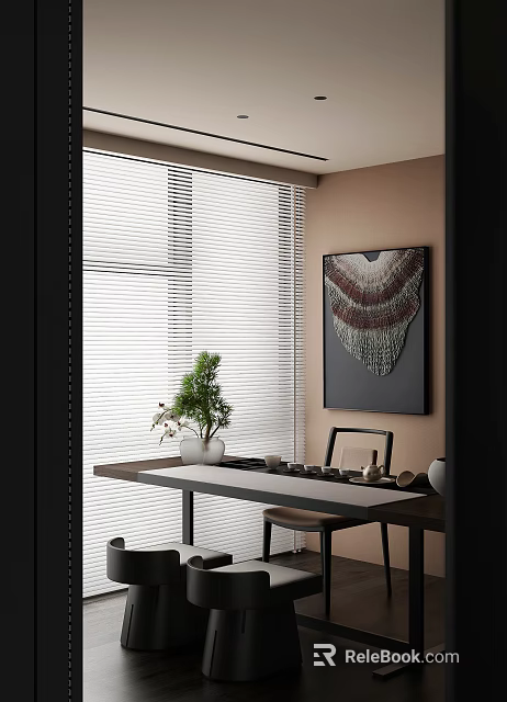 Tranquil Tea Room With Window Blinds Decorative Painting Green Plant And Tea Set On Table 3d model 