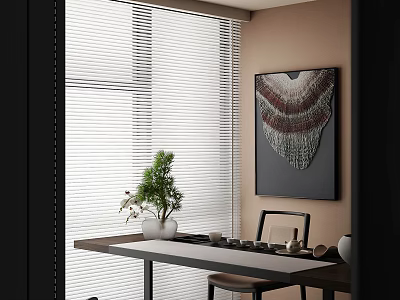 Tranquil Tea Room With Window Blinds Decorative Painting Green Plant And Tea Set On Table 3d model