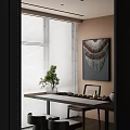 Tranquil Tea Room With Window Blinds Decorative Painting Green Plant And Tea Set On Table