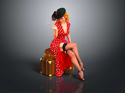Woman Sitting On Brown Suitcase In Red Polka Dot Dress With Black Hat Holding Cigarette 3d model