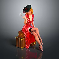 Woman Sitting On Brown Suitcase In Red Polka Dot Dress With Black Hat Holding Cigarette