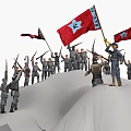 Soldiers In Gray Military Uniforms Holding Rifles Carrying Red Flags With White Stars On Hill