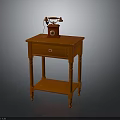 Vintage Red Electronic Telephone with Dial and Receiver on Wooden Side Table with Drawer