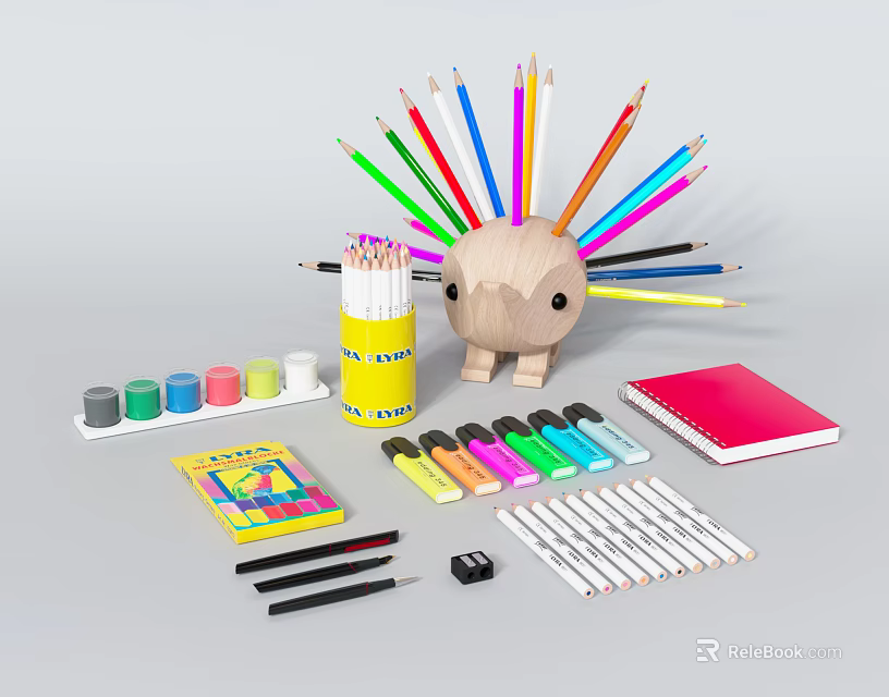 Hedgehog Shaped Pen Holder With Colored Pencils Paint Pots Crayons And Notebook 3d model 
