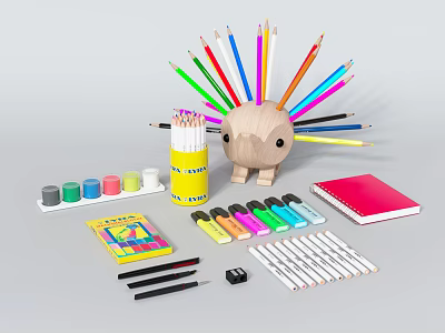 Hedgehog Shaped Pen Holder With Colored Pencils Paint Pots Crayons And Notebook 3d model