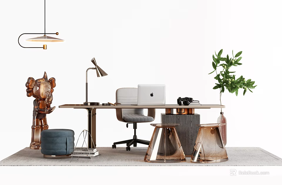 Elegant Modern Desk with Office Chair Laptop Typewriter Table Lamp Green Plant and Metal Stools 3d model 
