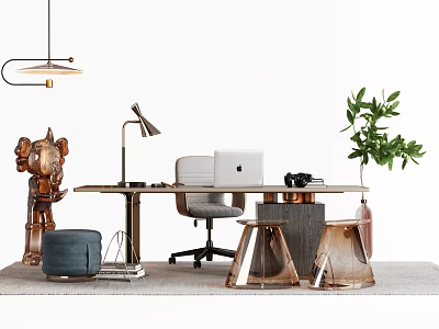 Elegant Modern Desk with Office Chair Laptop Typewriter Table Lamp Green Plant and Metal Stools 3d model