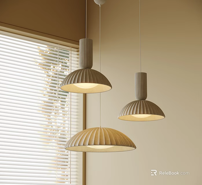 Three Beige Pendant Lights With Wooden Texture Lampshades And Natural Light 3d model 