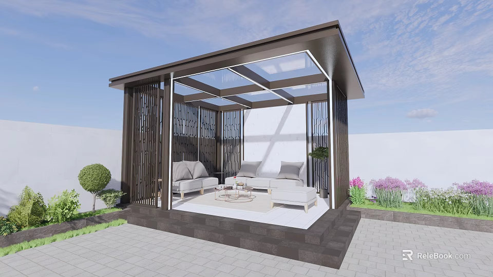 Modern Glass Roofed Outdoor Pavilion With Sofa Coffee Table And Green Plants 3d model 