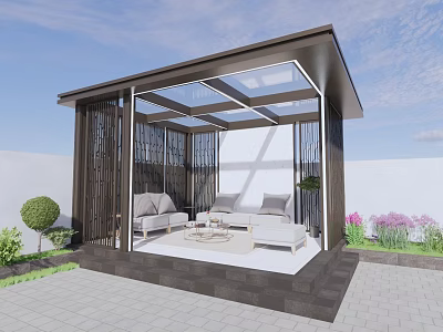 Modern Glass Roofed Outdoor Pavilion With Sofa Coffee Table And Green Plants 3d model