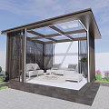 Modern Glass Roofed Outdoor Pavilion With Sofa Coffee Table And Green Plants