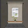 Slim Linear Decorative Light Illuminating Niche With Ink Landscape Painting And Wooden Shelf Green Plant