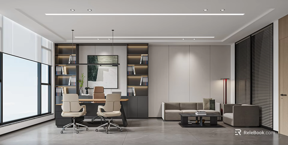 Modern Office Interior Design With Desk Chairs Bookshelves Sofa And Coffee Table 3d model