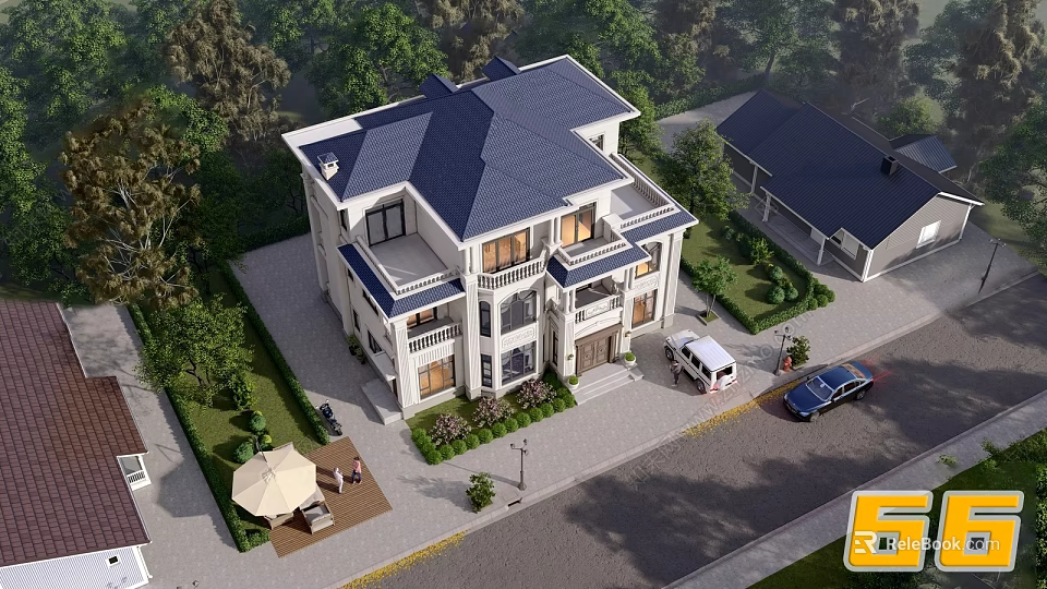 Two Story Detached Villa With Blue Roof Balconies Landscaped Garden And Driveway 3d model 
