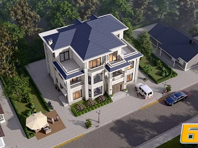 Two Story Detached Villa With Blue Roof Balconies Landscaped Garden And Driveway 3d model