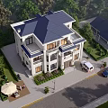 Two Story Detached Villa With Blue Roof Balconies Landscaped Garden And Driveway