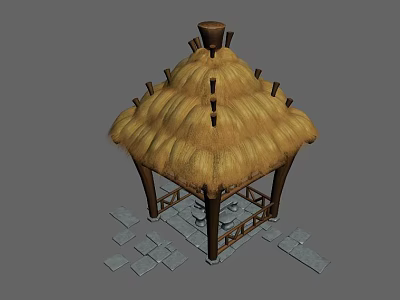 Traditional Rustic Thatch Roof Pavilion With Wooden Supports And Stone Slabs 3d model