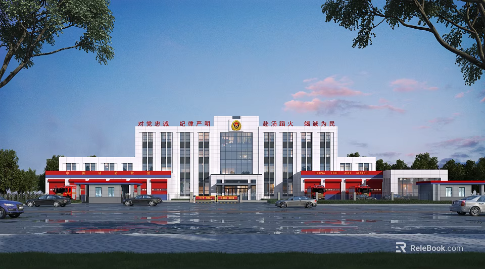 Fire Rescue Office Building With Red White Exterior Glass Curtain Walls Front Plaza and Trees 3d model 