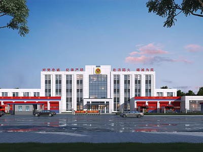 Fire Rescue Office Building With Red White Exterior Glass Curtain Walls Front Plaza and Trees 3d model