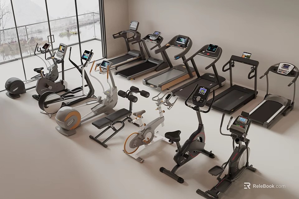 Diverse Fitness Equipment Collection Including Treadmills Ellipticals And Exercise Bikes In Modern Indoor Gym Space 3d model 